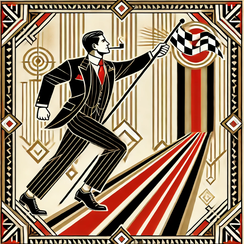 art deco style image of a businessman reaching a goal