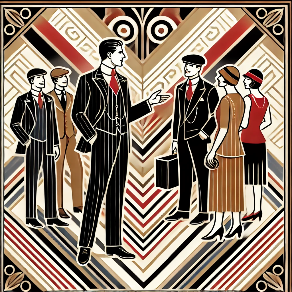 art deco style image of a businessman selling to many customers