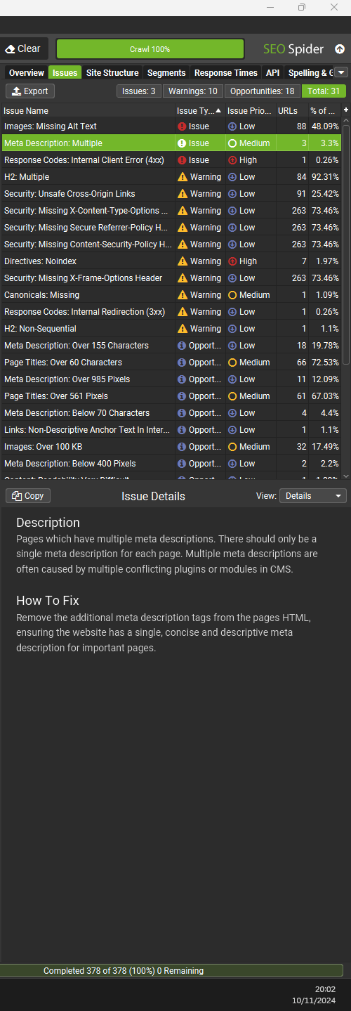 Screaming Frog Issues Overview